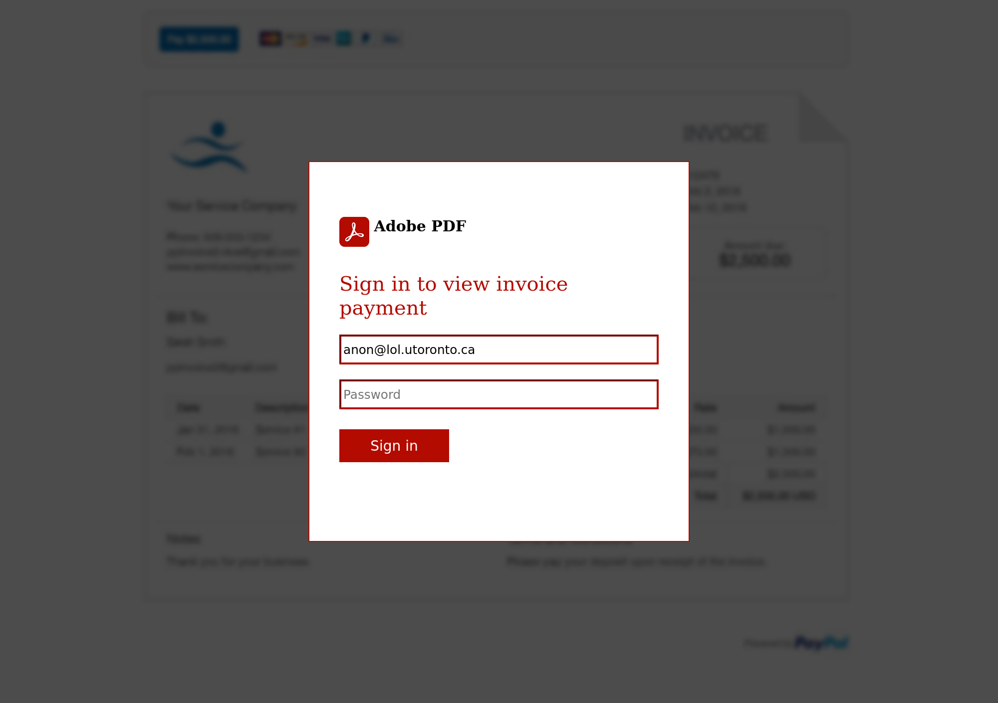 A blurred invoice in the background with an 'Adobe PDF / Sign in to view invoice payment' dialog on top, asking for your password.